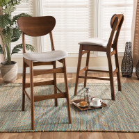 Baxton Studio RH378BP-GreyWalnut Bent Seat-BS Baxton Studio Katya Mid-Century Modern Grey Fabric Upholstered and Walnut Brown Finished Wood 2-Piece Bar Stool Set